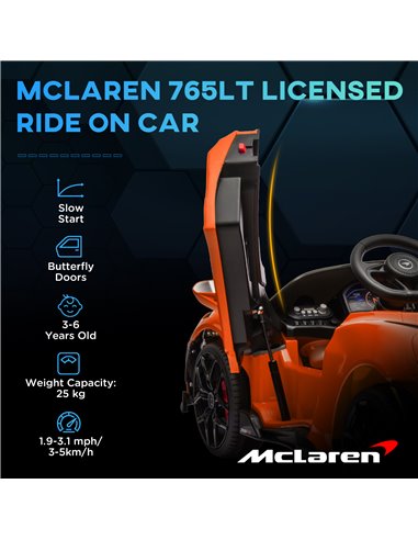 AIYAPLAY McLaren 765LT Licensed 12V Kids Electric Ride on Car with Butterfly Doors Remote Control Transport Wheels Orange 370-34