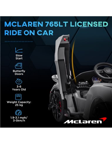 AIYAPLAY McLaren 765LT Licensed 12V Kids Electric Ride on Car with Butterfly Doors Remote Control Transport Wheels Grey 370-346V