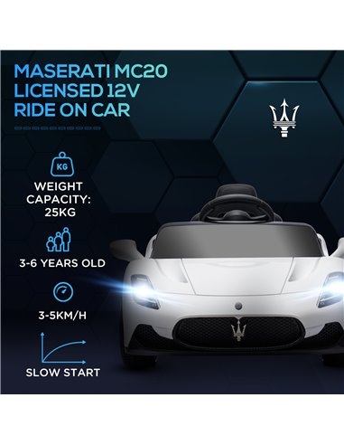 AIYAPLAY Maserati MC20 Licensed 12V Kids Electric Ride on Car with Remote Control, Spring Suspension, White 370-336V70WT