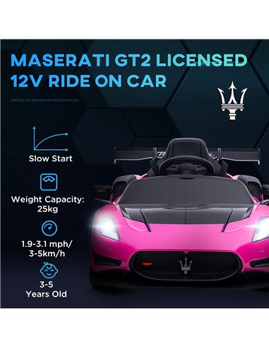 AIYAPLAY Maserati GT2 Licensed 12V Kids Electric Ride on Car with 4 Suspension, Remote Control Music Horn Lights - Pink 370-332V