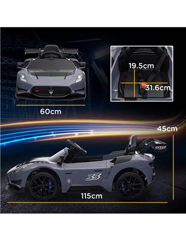 AIYAPLAY Maserati GT2 Licensed 12V Kids Electric Ride on Car with 4 Suspension, Remote Control Music Horn Lights - Grey 370-332V