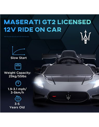 AIYAPLAY Maserati GT2 Licensed 12V Kids Electric Ride on Car with 4 Suspension, Remote Control Music Horn Lights - Grey 370-332V