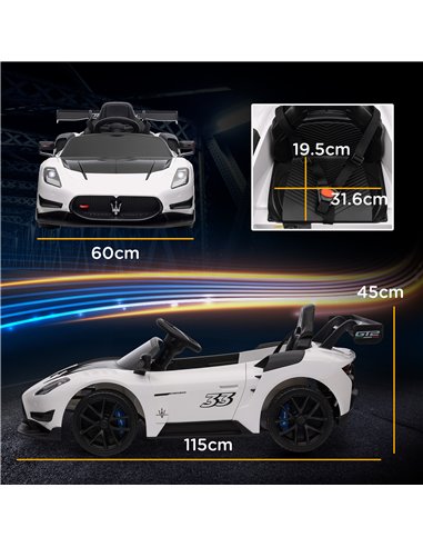 AIYAPLAY Maserati GT2 Licensed 12V Kids Electric Ride on Car with 4 Suspension, Remote Control Music Horn Lights - White 370-332