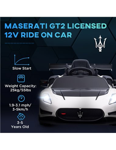 AIYAPLAY Maserati GT2 Licensed 12V Kids Electric Ride on Car with 4 Suspension, Remote Control Music Horn Lights - White 370-332