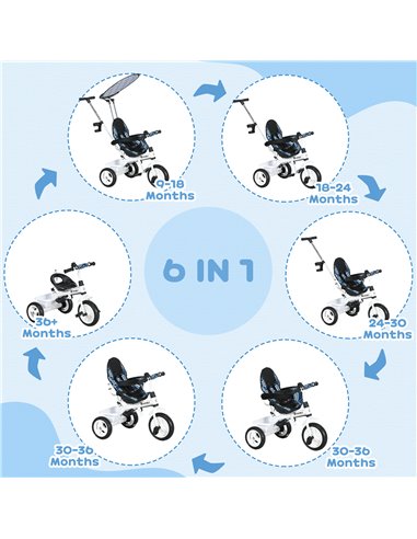 HOMCOM 6 in 1 Tricycle for Kids with 5-point harness straps, Removable Canopy, Blue 370-025V01BU