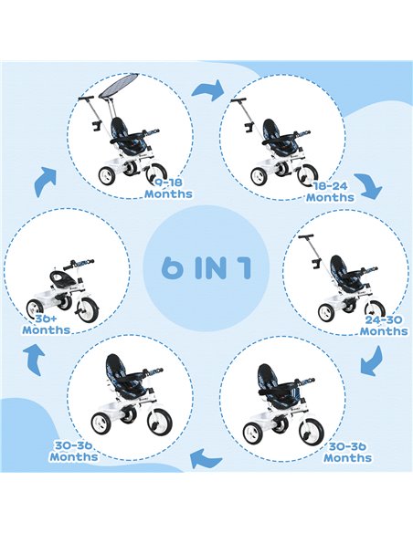 HOMCOM 6 in 1 Tricycle for Kids with 5-point harness straps, Removable Canopy, Blue 370-025V01BU - pic 105653 | FastDaddyshop