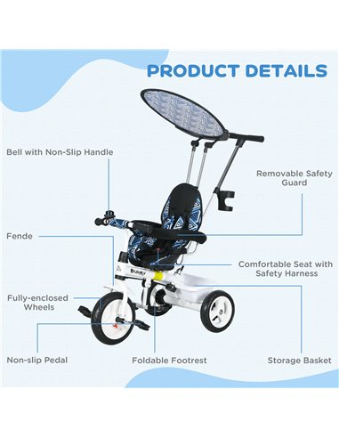 HOMCOM 6 in 1 Tricycle for Kids with 5-point harness straps, Removable Canopy, Blue 370-025V01BU