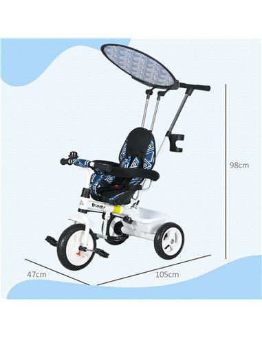 HOMCOM 6 in 1 Tricycle for Kids with 5-point harness straps, Removable Canopy, Dark Blue 370-025V01DB