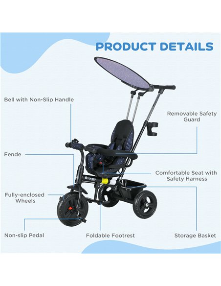 HOMCOM 6 in 1 Tricycle for Kids with 5-point harness straps, Removable Canopy, Dark Blue 370-025V01DB - pic 105665 | FastDaddyshop