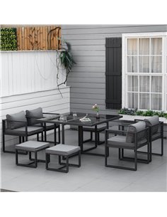 Outsunny 8 Seater Aluminium Garden Dining Cube Set with Dining Table, 4 Chairs, 4 Footstools, Cushion, Grey 2