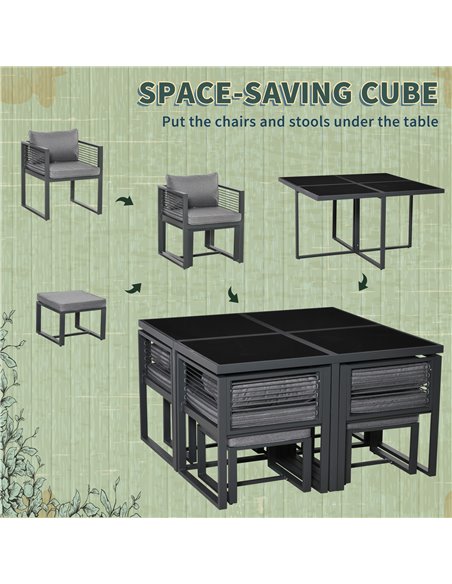 Outsunny 8 Seater Garden Dining Cube Set Aluminium Outdoor Furniture Set Dining Table, 4 Chairs and 4 Footstools with Cushion, G - pic 10571 | FastDaddyshop