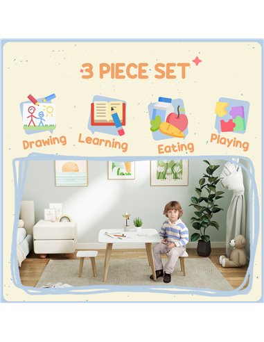 AIYAPLAY Kids Table and Chair Set, 3-Piece Toddler Furniture Set for Playroom, Bedroom, Ages 3-8 Years, White 312-125V80WT