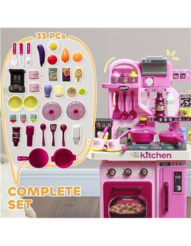 AIYAPLAY Kids Kitchen with 33 Pieces, Lights, Sounds, Storage, for Ages 3-6 Years, Pink 350-170V00PK