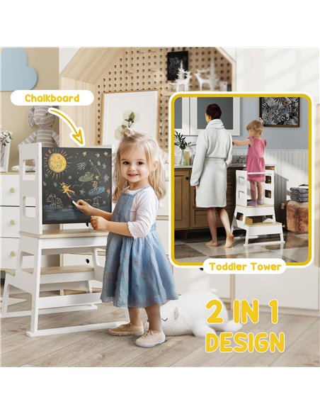 AIYAPLAY 2 in 1 Toddler Tower with Chalkboard, Safety Rail, for Kitchen, Counter, Bathroom, Sink, White 315-002V80WT - pic 105798 | FastDaddyshop