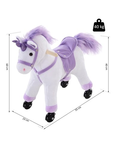 HOMCOM Kids Rocking Horse Plush Ride on Walking Unicorn Horse w/Realistic Sound  Ride On Rocker with Handlebar for Age 3+ Purple