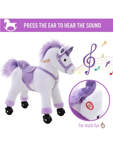 HOMCOM Kids Rocking Horse Plush Ride on Walking Unicorn Horse w/Realistic Sound  Ride On Rocker with Handlebar for Age 3+ Purple