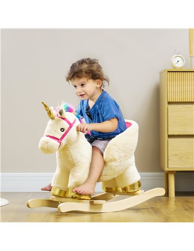 AIYAPLAY Kids Rocking Horse with Realistic Sounds, Safety Belt, Wooden Base, for Ages 18-36 Months, Cream White 330-169V00CW