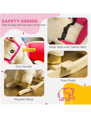 AIYAPLAY Kids Rocking Horse with Realistic Sounds, Safety Belt, Wooden Base, for Ages 18-36 Months, Cream White 330-169V00CW