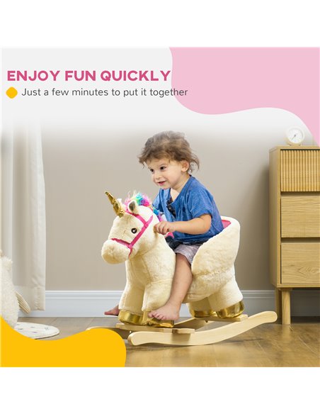 AIYAPLAY Kids Rocking Horse with Realistic Sounds, Safety Belt, Wooden Base, for Ages 18-36 Months, Cream White 330-169V00CW - pic 105853 | FastDaddyshop