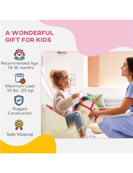 AIYAPLAY Kids Rocking Horse with Realistic Sounds, Safety Belt, Wooden Base, for Ages 18-36 Months, Cream White 330-169V00CW - pic 105855 | FastDaddyshop