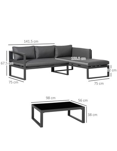 Outsunny 3-Seater L-shape Garden Corner Sofa Set with Padded Cushions, Outdoor Conversation Furniture Set with Glass Coffee Tabl