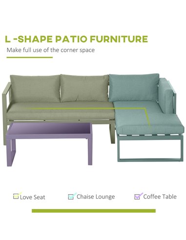 Outsunny 3-Seater L-shape Garden Corner Sofa Set with Padded Cushions, Outdoor Conversation Furniture Set with Glass Coffee Tabl