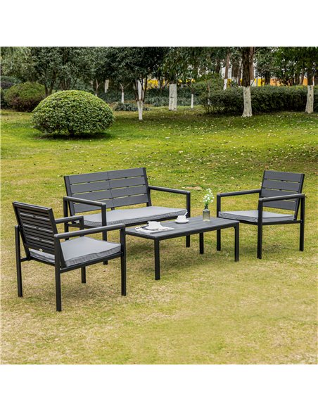 Outsunny 4 Piece Garden Sofa Set with Padded Cushions, Outdoor Conversation Furniture Set with Wood Grain Coffee Table, Steel Fr - pic 10593 | FastDaddyshop