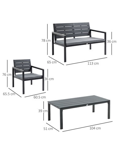 Outsunny 4 Piece Garden Sofa Set with Padded Cushions, Outdoor Conversation Furniture Set with Wood Grain Coffee Table, Steel Fr