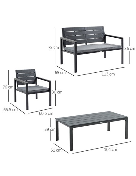 Outsunny 4 Piece Garden Sofa Set with Padded Cushions, Outdoor Conversation Furniture Set with Wood Grain Coffee Table, Steel Fr - pic 10594 | FastDaddyshop