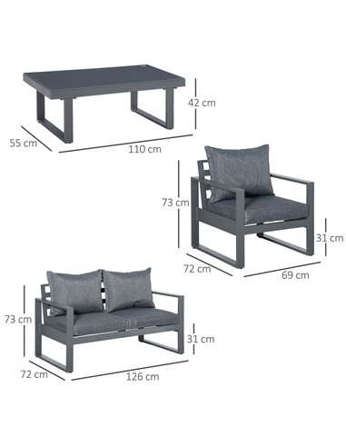 Outsunny 4 Piece Aluminium Garden Sofa Set with Coffee Table, Outdoor Furniture Set with Padded Cushions & Olefin Cover, Dark Gr