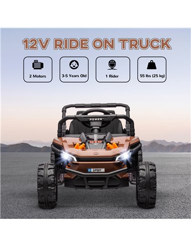 AIYAPLAY 12V Battery Powered Ride on Truck w/ Remote, 4 Suspension Wheels, Horn Lights Music USB, for 3-5 Years Old - Brown 370-