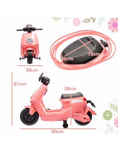 AIYAPLAY 6V Ride on Motorbike Kids Electric Motorbike w/ Headlight Music, Training Wheels, for Ages 18-36 Months - Pink 370-351V