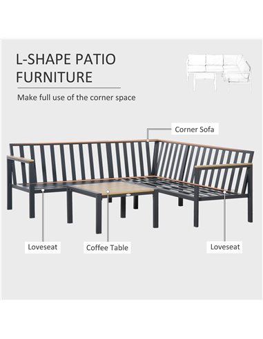Outsunny 5 Seater L Shape Aluminium Garden Furniture Corner Sofa Set with Coffee Table, Outdoor Conversation Furniture Set w/ Cu