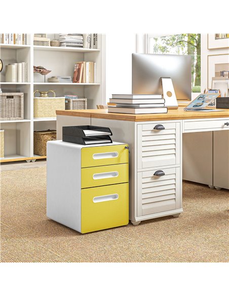 Vinsetto 3 Drawer Filing Cabinet, Steel Lockable File Cabinet with Lock and Wheels, for A4, Letter, Legal Sized Files, Yellow 92 - pic 106209 | FastDaddyshop