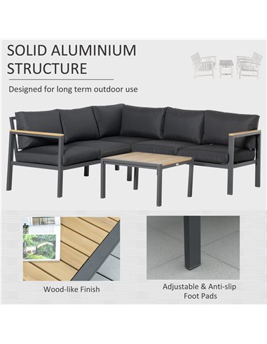 Outsunny 5 Seater L Shape Aluminium Garden Furniture Corner Sofa Set with Coffee Table, Outdoor Conversation Furniture Set w/ Cu
