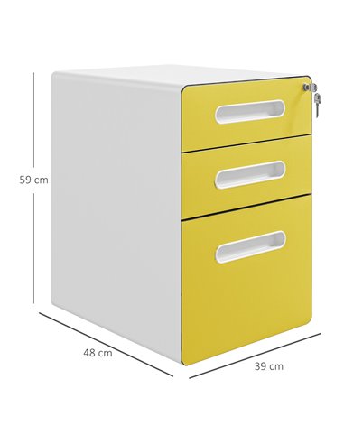 Vinsetto 3 Drawer Filing Cabinet, Steel Lockable File Cabinet with Lock and Wheels, for A4, Letter, Legal Sized Files, Yellow 92