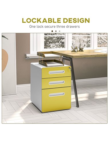 Vinsetto 3 Drawer Filing Cabinet, Steel Lockable File Cabinet with Lock and Wheels, for A4, Letter, Legal Sized Files, Yellow 92