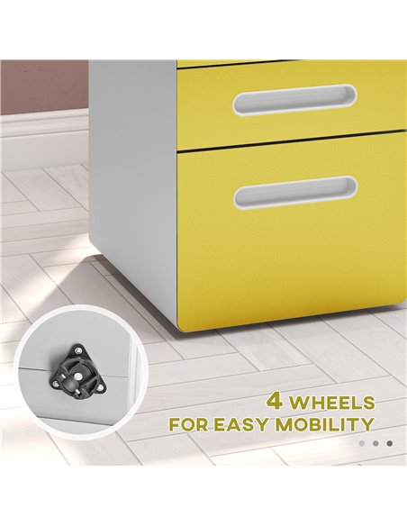Vinsetto 3 Drawer Filing Cabinet, Steel Lockable File Cabinet with Lock and Wheels, for A4, Letter, Legal Sized Files, Yellow 92 - pic 106212 | FastDaddyshop