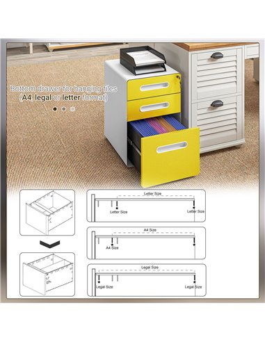 Vinsetto 3 Drawer Filing Cabinet, Steel Lockable File Cabinet with Lock and Wheels, for A4, Letter, Legal Sized Files, Yellow 92