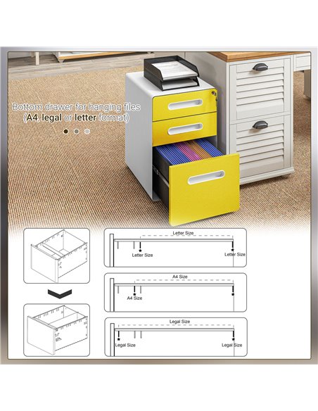 Vinsetto 3 Drawer Filing Cabinet, Steel Lockable File Cabinet with Lock and Wheels, for A4, Letter, Legal Sized Files, Yellow 92 - pic 106213 | FastDaddyshop