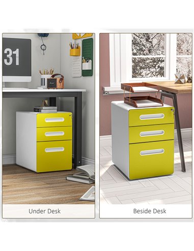 Vinsetto 3 Drawer Filing Cabinet, Steel Lockable File Cabinet with Lock and Wheels, for A4, Letter, Legal Sized Files, Yellow 92