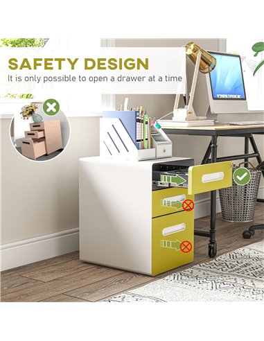 Vinsetto 3 Drawer Filing Cabinet, Steel Lockable File Cabinet with Lock and Wheels, for A4, Letter, Legal Sized Files, Yellow 92