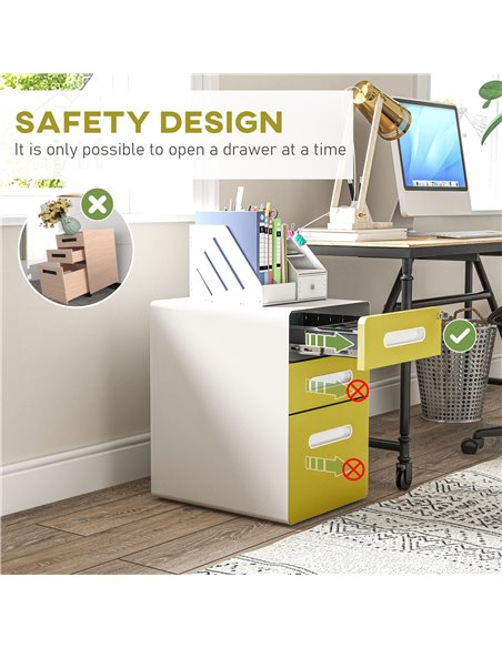 Vinsetto 3 Drawer Filing Cabinet, Steel Lockable File Cabinet with Lock and Wheels, for A4, Letter, Legal Sized Files, Yellow 92 - pic 106215 | FastDaddyshop