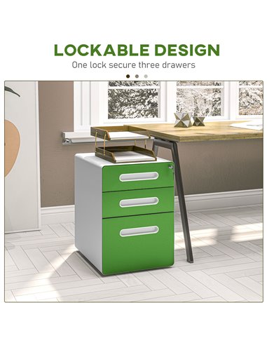 Vinsetto 3 Drawer Filing Cabinet, Steel Lockable File Cabinet with Lock and Wheels, for A4, Letter, Legal Sized Files, Green 924