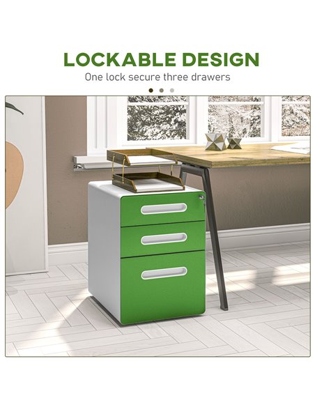 Vinsetto 3 Drawer Filing Cabinet, Steel Lockable File Cabinet with Lock and Wheels, for A4, Letter, Legal Sized Files, Green 924 - pic 106220 | FastDaddyshop