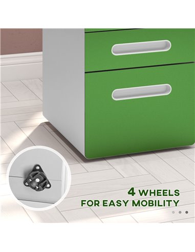 Vinsetto 3 Drawer Filing Cabinet, Steel Lockable File Cabinet with Lock and Wheels, for A4, Letter, Legal Sized Files, Green 924