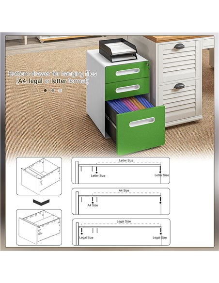 Vinsetto 3 Drawer Filing Cabinet, Steel Lockable File Cabinet with Lock and Wheels, for A4, Letter, Legal Sized Files, Green 924 - pic 106222 | FastDaddyshop