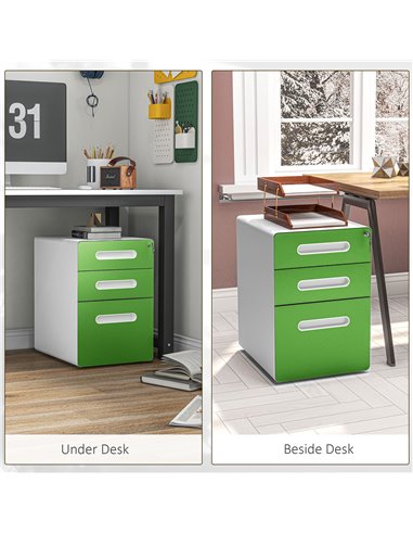 Vinsetto 3 Drawer Filing Cabinet, Steel Lockable File Cabinet with Lock and Wheels, for A4, Letter, Legal Sized Files, Green 924