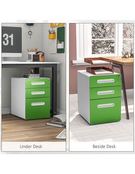Vinsetto 3 Drawer Filing Cabinet, Steel Lockable File Cabinet with Lock and Wheels, for A4, Letter, Legal Sized Files, Green 924 - pic 106223 | FastDaddyshop