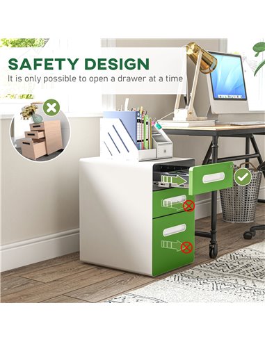 Vinsetto 3 Drawer Filing Cabinet, Steel Lockable File Cabinet with Lock and Wheels, for A4, Letter, Legal Sized Files, Green 924
